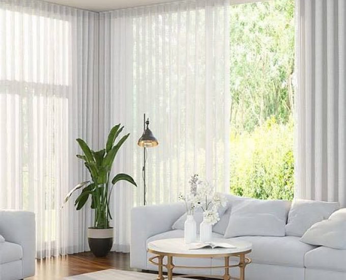 Beautiful White Curtain With Plant — Premium Window Coverings In Chevallum, QLD